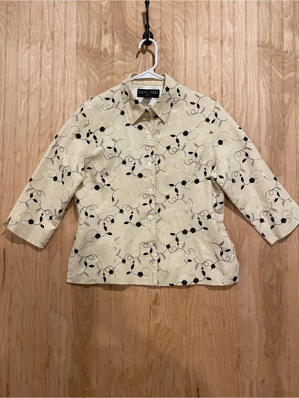 SilkLand Cream Button-Front Top with Black Floral Motif